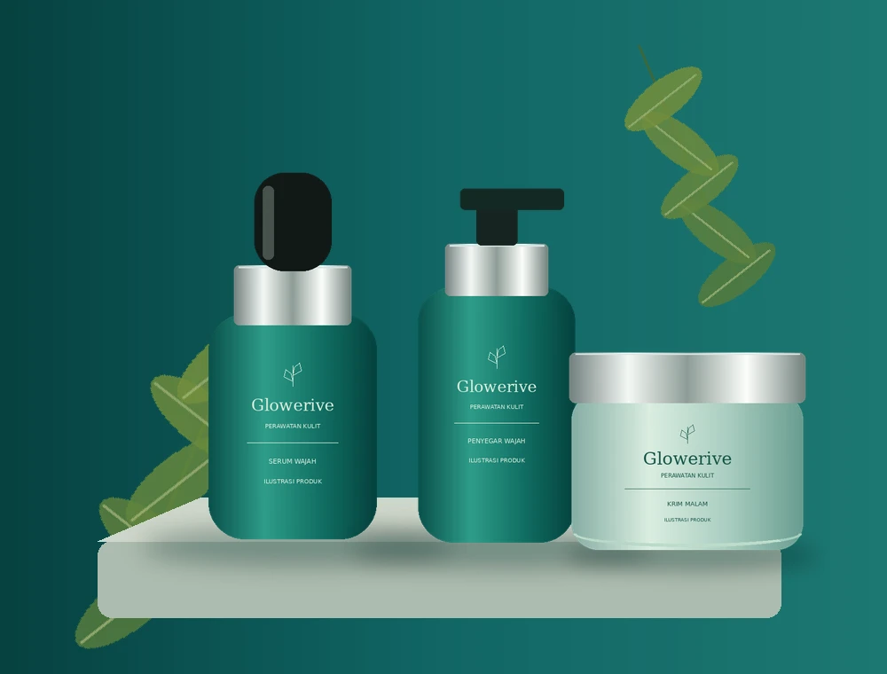 Komposisi ilustrasi kemasan serum, penyegar dan krim Glowerive