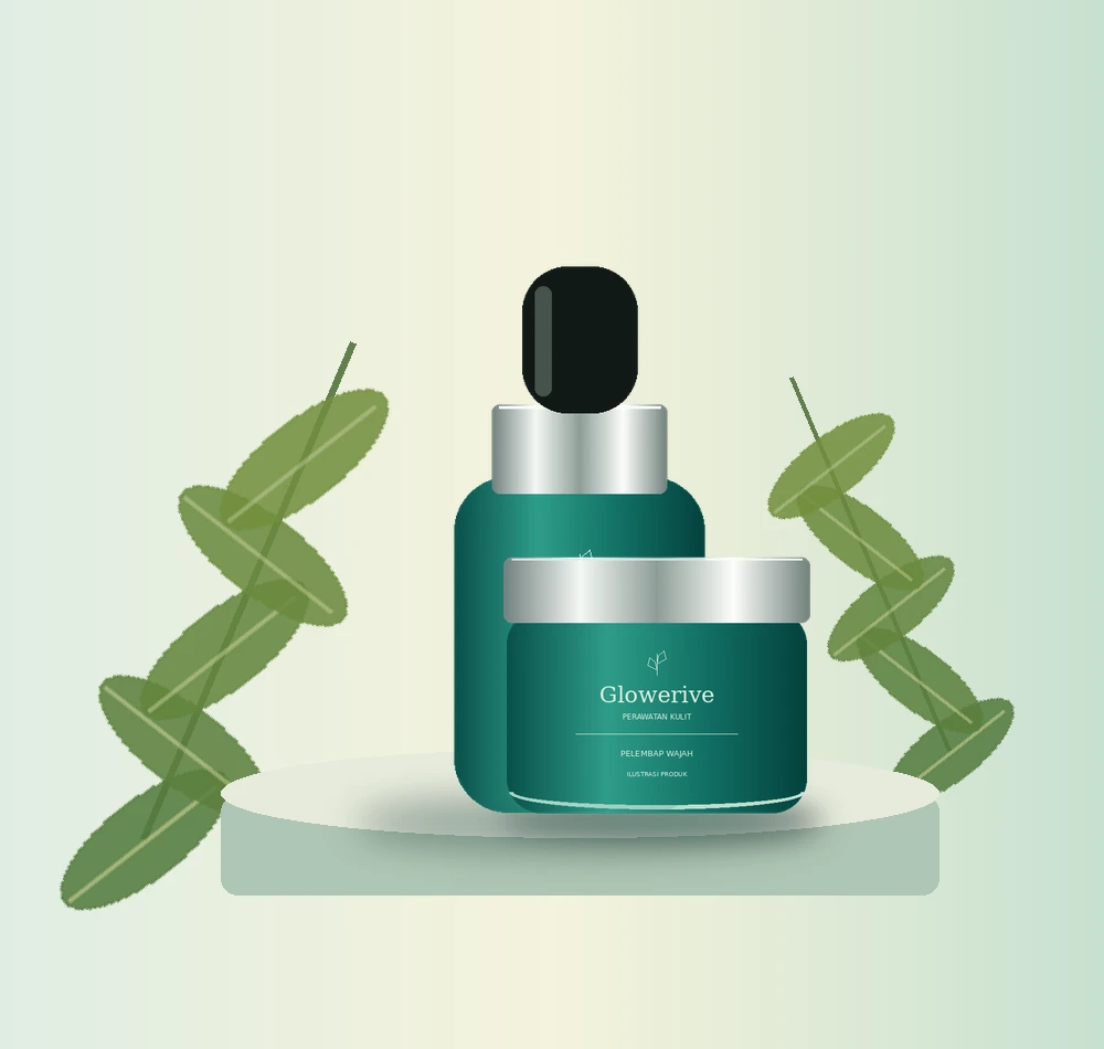 Ilustrasi orisinal serum dan pelembap Glowerive dengan dedaunan